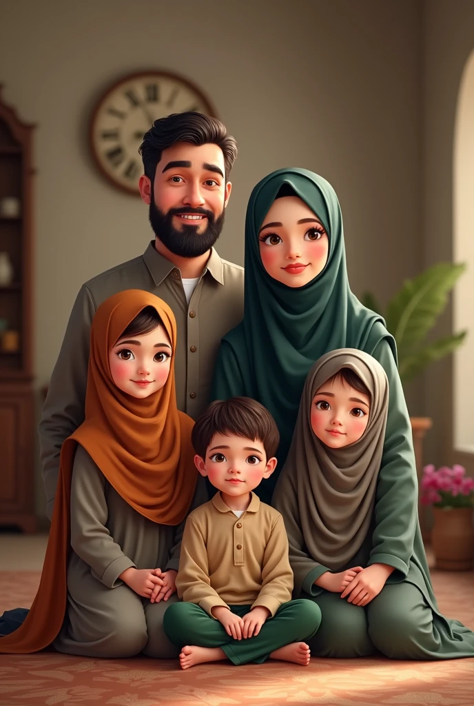 A Muslim family containing one father, one mother, one daughter, then twins daughter and son and then another daughter 