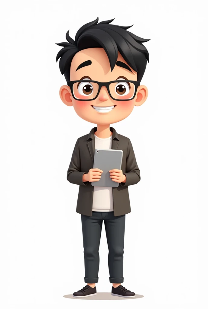 Male teacher, black hair, wearing glasses, holding an iPad with one hand, chibi image, white background