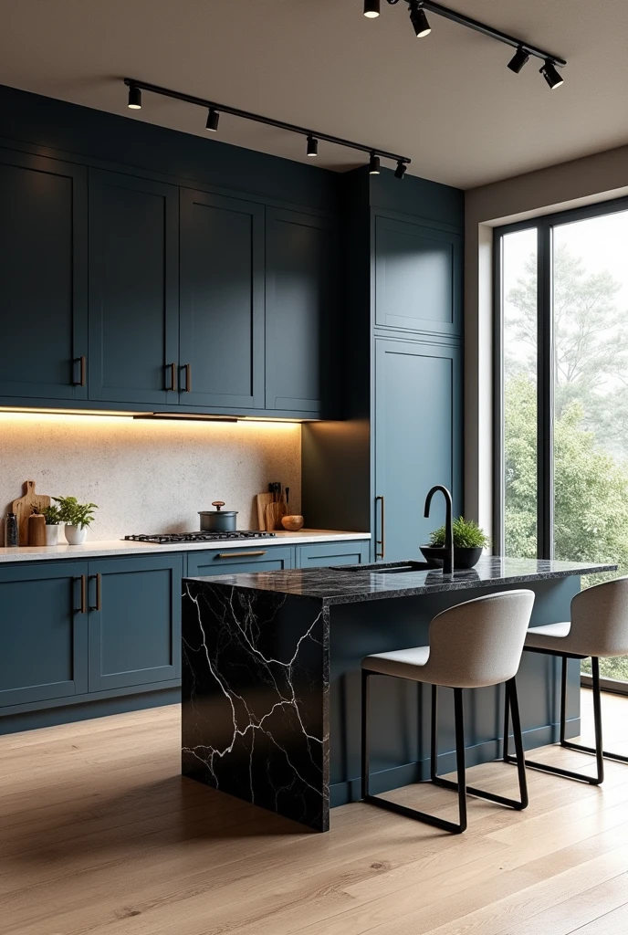 Professional 3d architecture rendering design of modern kitchen with So dark blue vintage and dark beige and dark gray cabinets and modern so light gray design chairs shiny black marble island island and modern windows and complete showing kitchen and showing complete kitchen and modern windows and showing complete kitchen and modern ceiling lighting