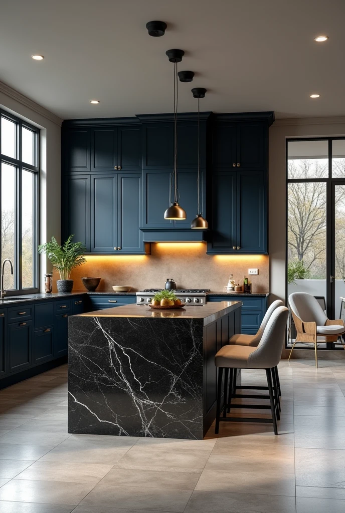 Professional 3d architecture rendering design of modern kitchen with   So dark blue vintage and dark beige  and dark gray  cabinets and  modern  so light  gray design chairs  shiny  black   marble island island and modern windows and complete showing kitchen and showing complete kitchen and modern windows and showing complete kitchen and modern ceiling lighting 