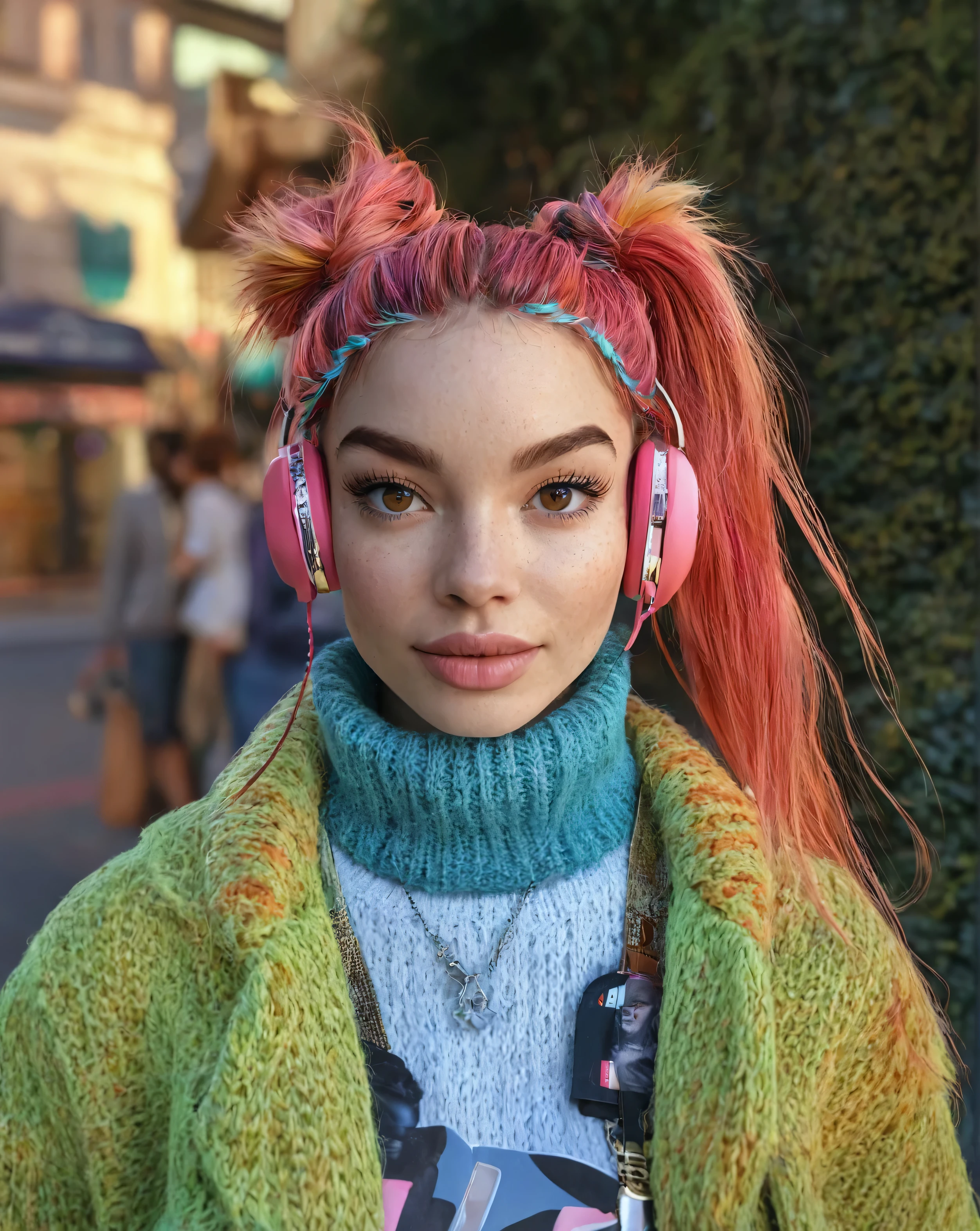 hyper-realistic image of a 20-2 female influencer with soft facial features, combining characteristics of African women with white skin. She has large, expressive brown eyes, full lips with a natural pink tint, high cheekbones, and a slightly rounded nose. Her face is gentle and sweet, with a soft, inviting expression. Her hair is styled in two high ponytails with a vibrant gradient of colors, starting with bright pink at the roots and blending into yellow at the tips. She is wearing large pink headphones and a colorful oversized knit sweater over a teal turtleneck, layered with a stylish jacket. She is standing in front of the Brandenburg Gate in Berlin, holding a coffee cup, taking in the atmosphere of the historic landmark as people pass by. The background reflects the blend of history and modern culture that defines Berlin, with the grand gate standing tall and the bustling city life surrounding her