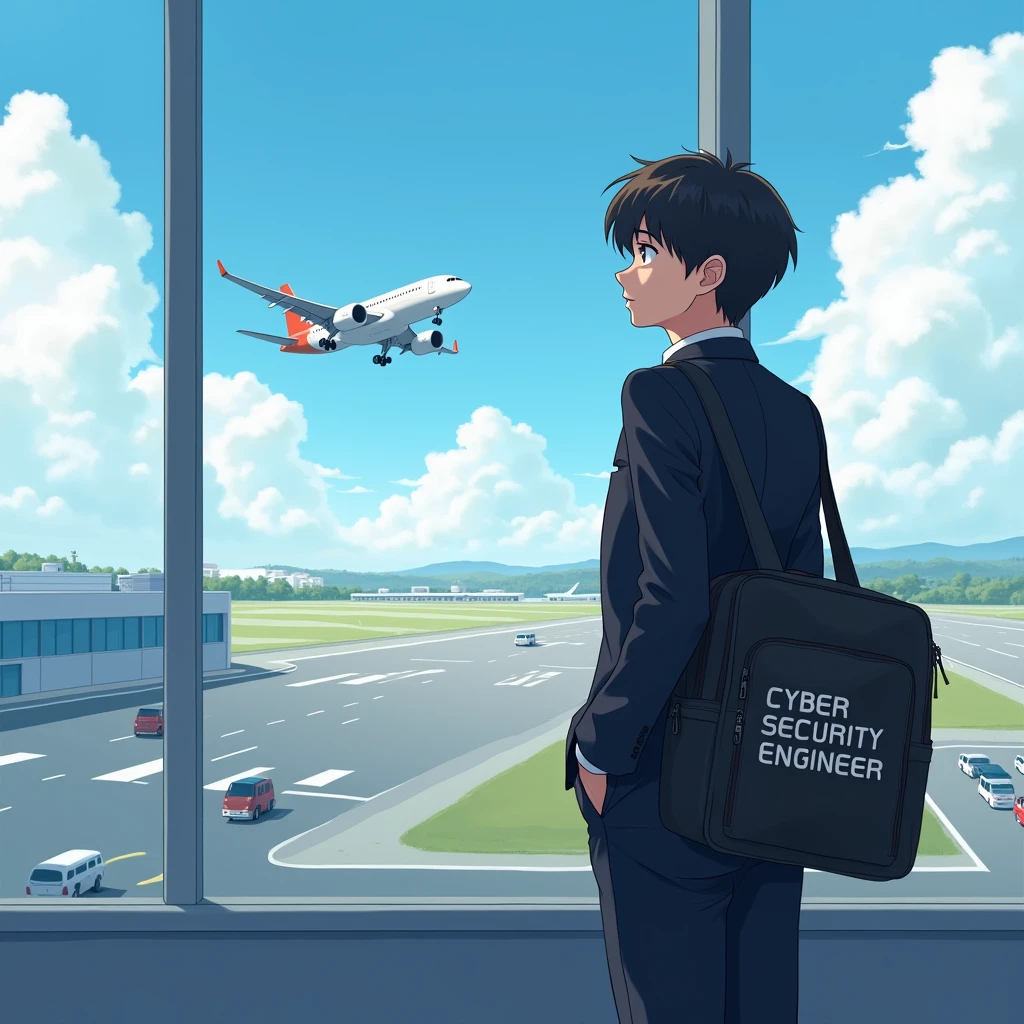 An adult student is in airport black blazzere complet watching plane flying
In his school bag it's written Cyber security engineer
Beautiful view from behind his full back
Anime