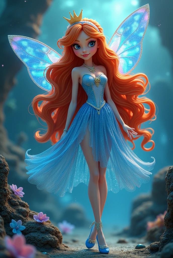 Real fairy magical like in a 1980s dark fantasy movie 3d ultra 8k stella from *Winx Club* is a character with bright, fiery red hair that flows in loose waves. She has green eyes and a fair complexion. Her outfit typically includes a yellow and white fairy dress with sparkling accents and butterfly or star motifs. She often wears matching accessories like a headband and shoes. stella’s overall look is vibrant and magical, with a little gold crown in her head reflecting her powers as the Fairy of the sun Flame Surrealist art , like a dream, Mystery, Symbolic, complicated, detailded, (Gothic,Very beauthful:1.4), (work of art, best qualityer:1.4) , Style Nicolas Samori, Mermaid Goddess Costume, (rock n roll atmosphere under the sea), (hair blue), beautiful