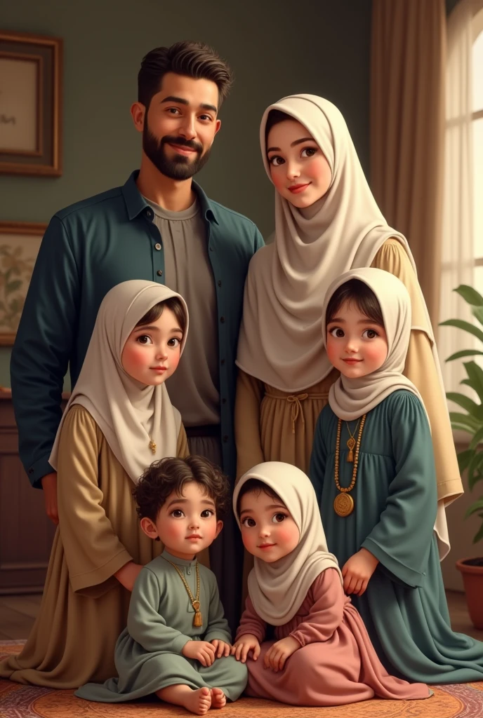 A Muslim family containing one father, one mother, one daughter, then twins daughter and son and then another daughter