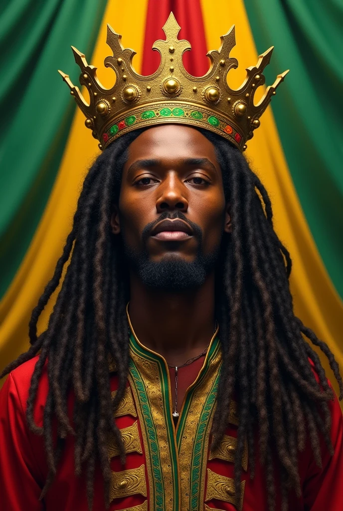 Jah Rastafarian wearing a crown with long dreadlocks and clothes with Ethiopian colors 