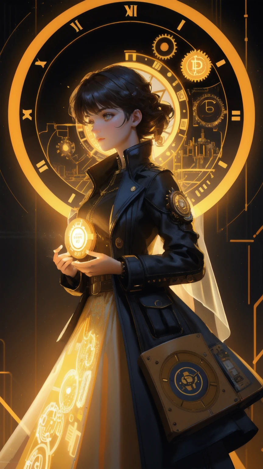 A beautiful girl with an adventurous expression, dressed in a futuristic, stylish suit, standing next to a glowing "Early Mover Time Machine" filled with intricate gears, clock faces, and digital coins like Bitcoin and Ethereum swirling around her. She is holding a digital coin with determination, while the machine emits a bright, radiant light. The entire scene is set against a vivid yellow background, capturing a mix of steampunk and digital aesthetics, symbolizing innovation, excitement, and time travel in the crypto world. The atmosphere should be dynamic and energetic, with elements of both past and future blending seamlessly.