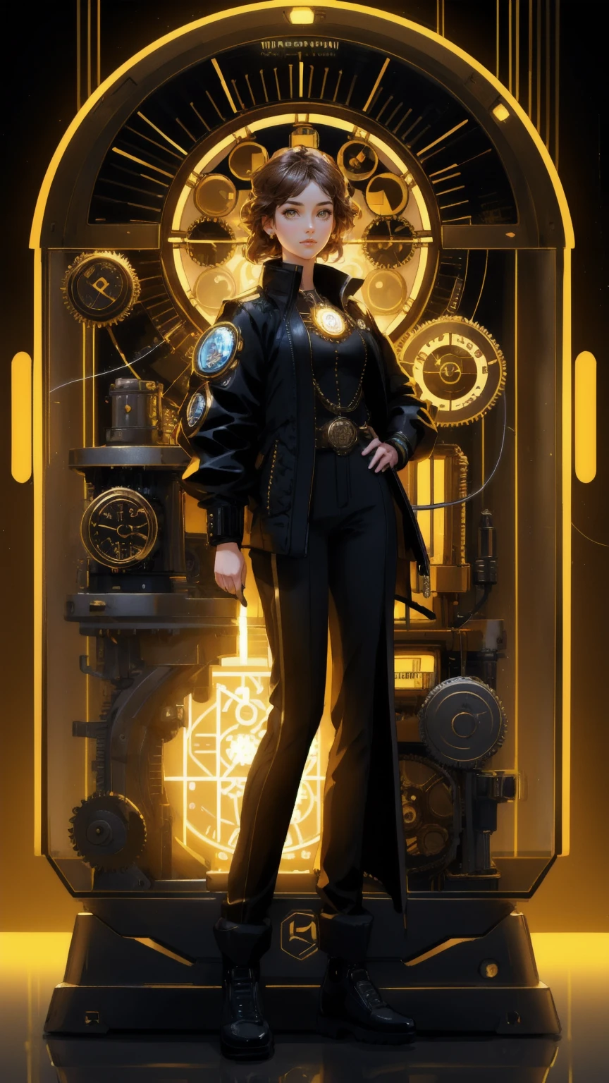 A beautiful girl with an adventurous expression, dressed in a futuristic, stylish suit, standing next to a glowing "Early Mover Time Machine" filled with intricate gears, clock faces, and digital coins like Bitcoin and Ethereum swirling around her. She is holding a digital coin with determination, while the machine emits a bright, radiant light. The entire scene is set against a vivid yellow background, capturing a mix of steampunk and digital aesthetics, symbolizing innovation, excitement, and time travel in the crypto world. The atmosphere should be dynamic and energetic, with elements of both past and future blending seamlessly.