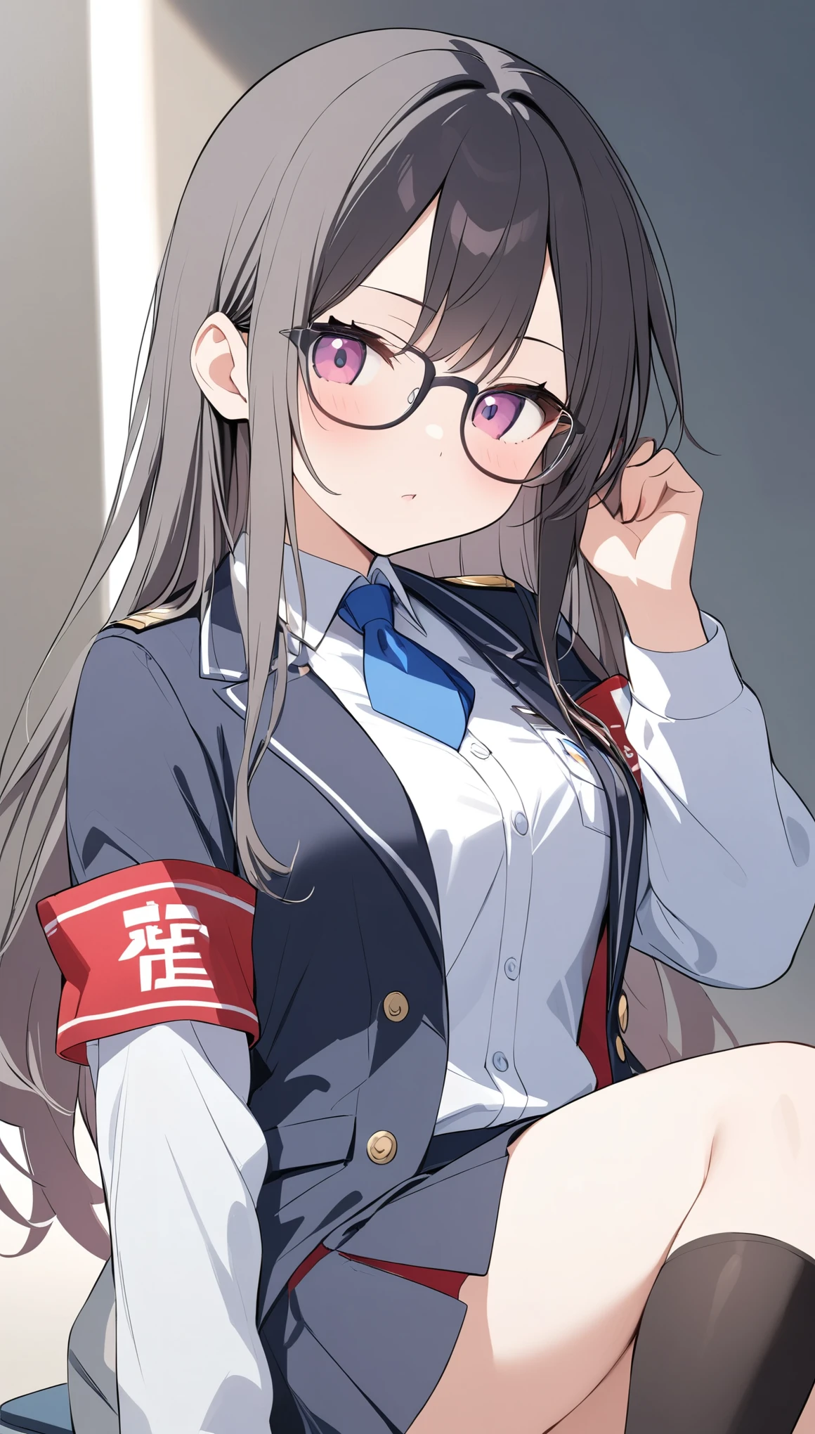 school student council president、Glasses、Black Hair、long hair、Student council president armband on uniform