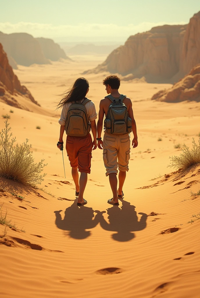 2 friends are walking across the desert