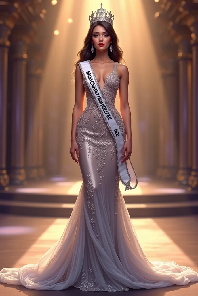 Miss Universe wear Silver Evening gown at Stage and wear crown and sash Miss Universe 2027. Her name is Alvira Diah from Indonesia
