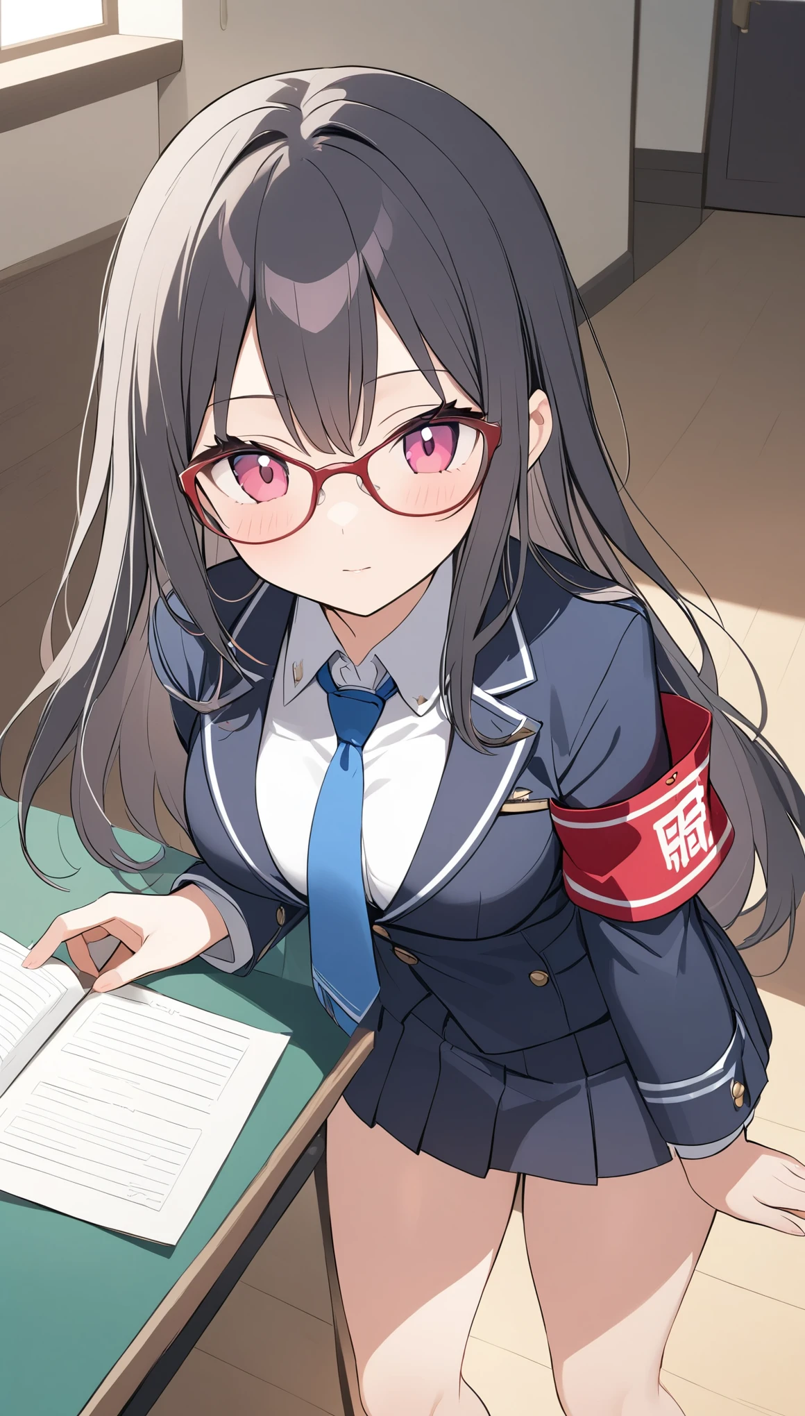 school student council president、Glasses、Black Hair、long hair、Student council president armband on uniform