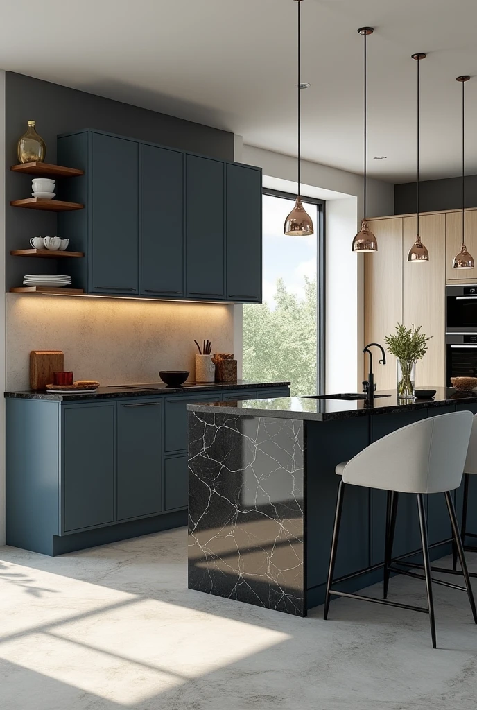Professional 3d architecture rendering design of modern kitchen with So dark blue vintage and dark beige and dark gray cabinets and modern so light gray design chairs shiny black marble island island and modern windows and complete showing kitchen and showing complete kitchen and modern windows and showing complete kitchen