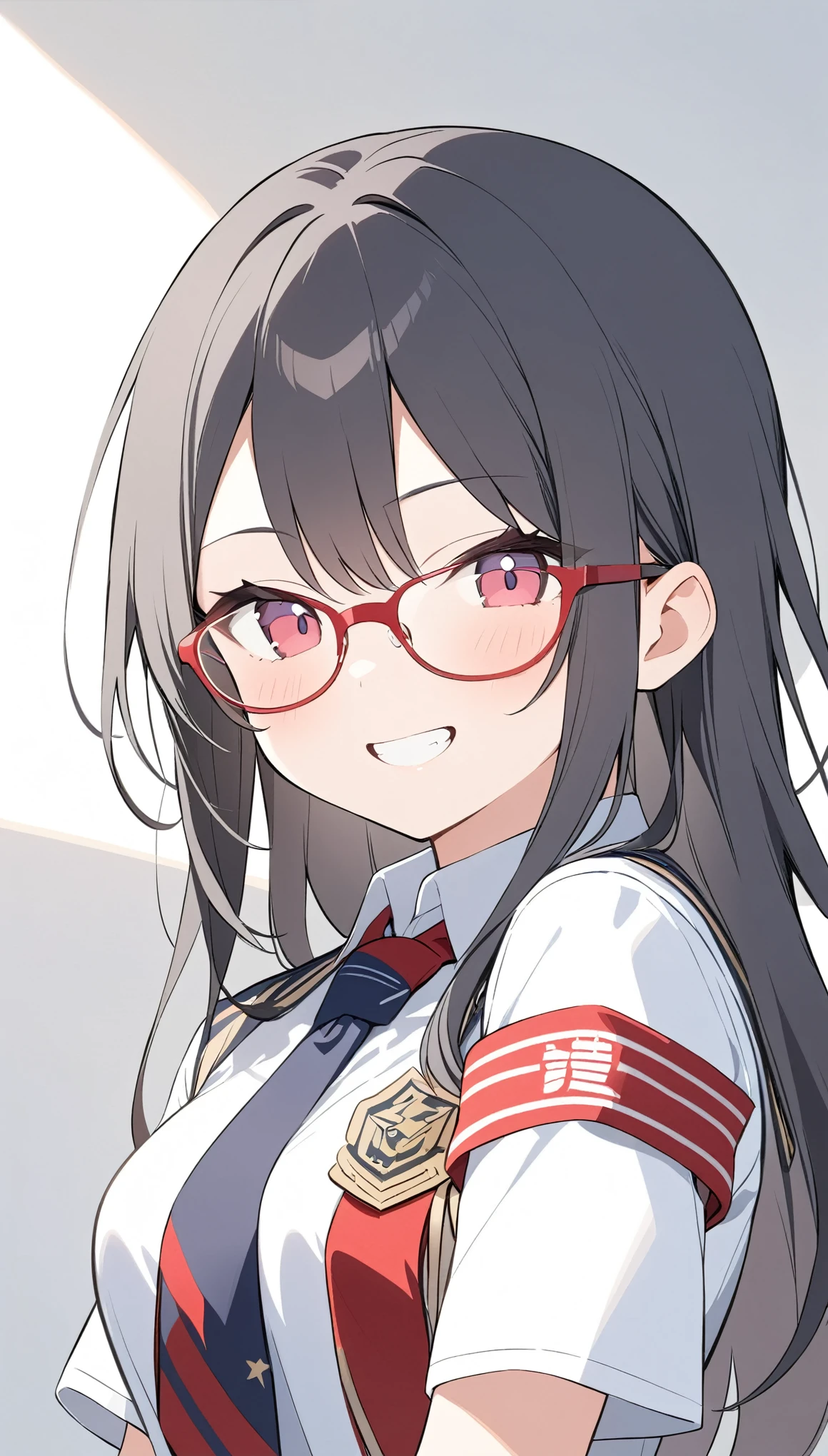 school student council president、Glasses、Black Hair、long hair、Student council president armband on uniform,grin