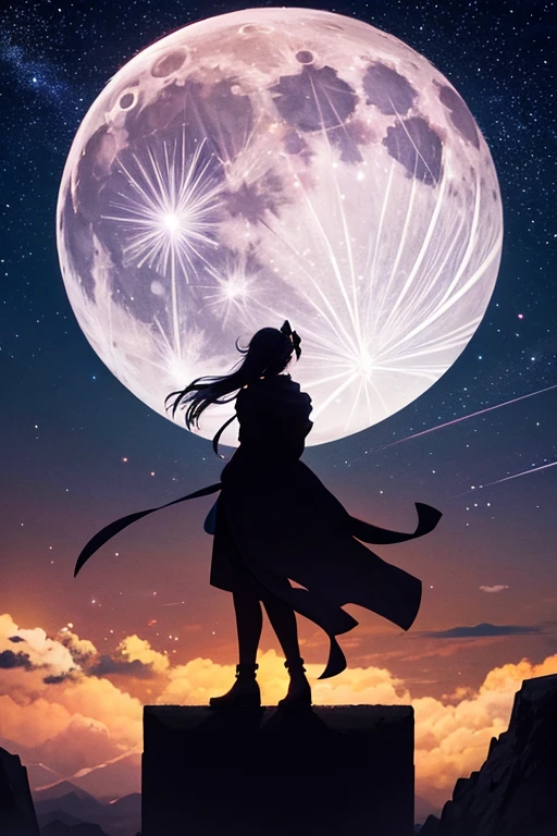 Highest quality,Big moon and shadow,A silhouette of a person can be seen against the backdrop of a large moon.,There is one full moon,There is a mood,Beautiful scenery,Starry Sky