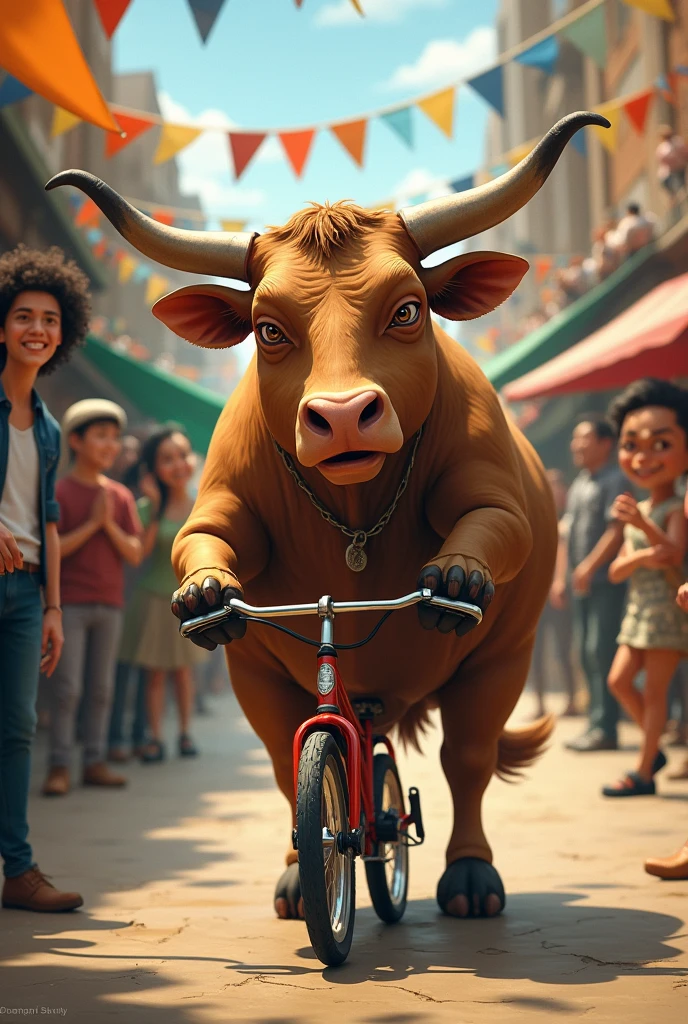 Creat a image of ox driving a toy bike in street there is many people's seeing and laughing and ox i feeing sad and crying in a market not street
