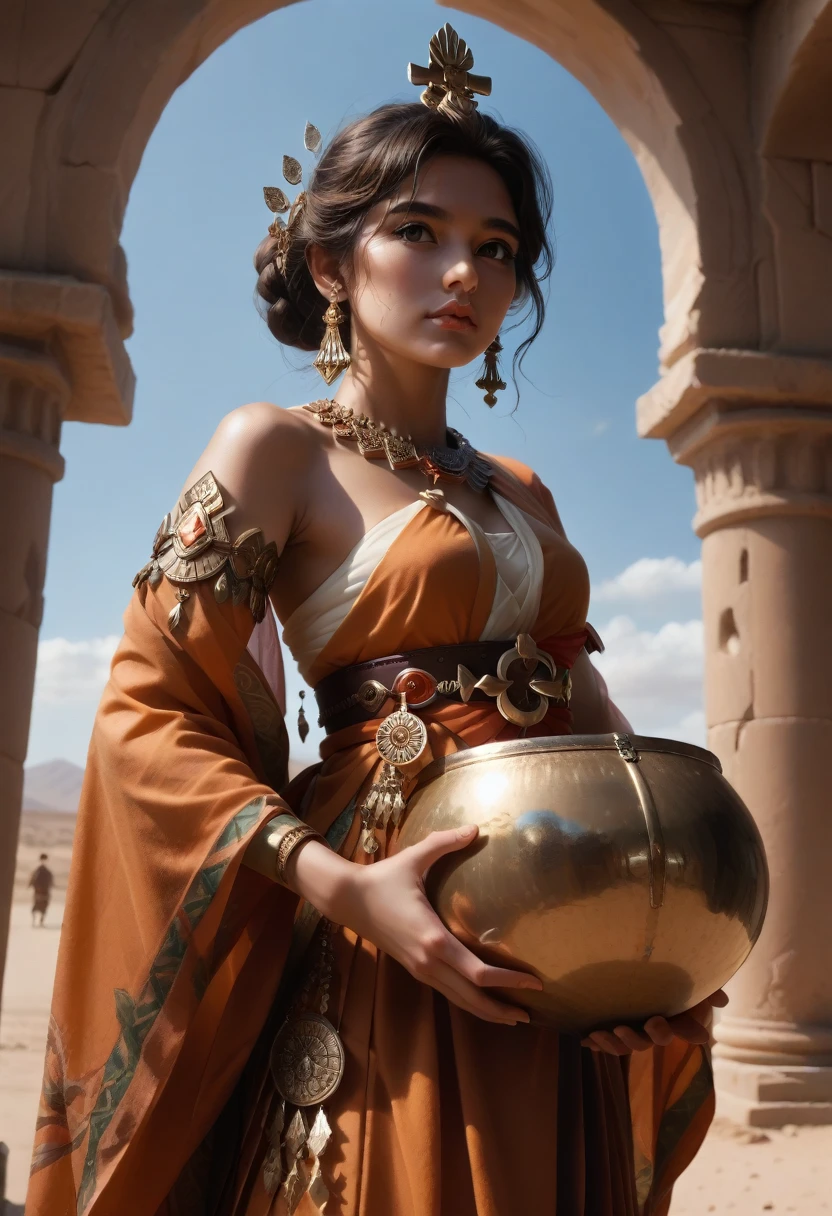 An Alafit woman in traditional dress holds a small drum in the desert, Young woman in shamanic costume, Girl holding a sphere, decorations for the film Silk Road, beautiful youth, portrait shot, ancient Princess Lieb, The vanishing desert line is below the woman's waist, The sky is clear and transparent.  