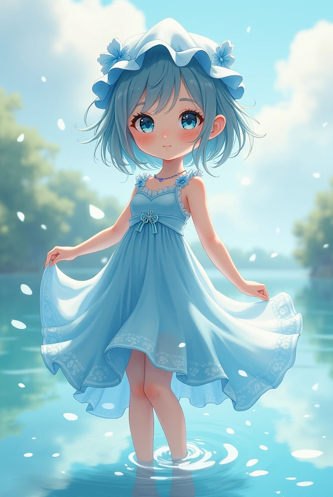 Cute anime girl wearing water based clothes standing full covering clothes
