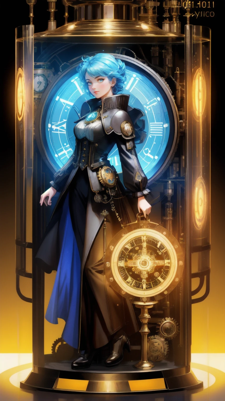 A futuristic time machine girl labeled "Early Mover Time Machine," with intricate gears, vintage clock faces, and a glass cylinder filled with glowing digital coins like Bitcoin and Ethereum, emitting a radiant light. Coins are swirling around the machine as if caught in a vortex, and the entire scene is set against a vivid yellow background, representing the concept of innovation and excitement in the crypto world. The environment should have a mix of steampunk and digital elements, giving it a sense of both nostalgia and futuristic adventure.