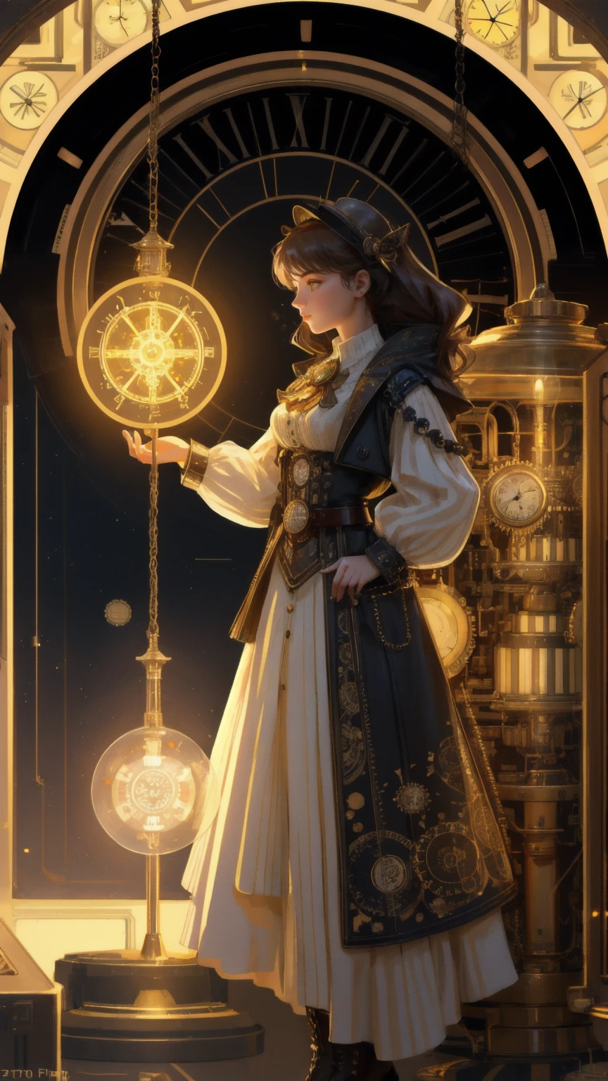 A futuristic time machine girl labeled "Early Mover Time Machine," with intricate gears, vintage clock faces, and a glass cylinder filled with glowing digital coins like Bitcoin and Ethereum, emitting a radiant light. Coins are swirling around the machine as if caught in a vortex, and the entire scene is set against a vivid yellow background, representing the concept of innovation and excitement in the crypto world. The environment should have a mix of steampunk and digital elements, giving it a sense of both nostalgia and futuristic adventure.