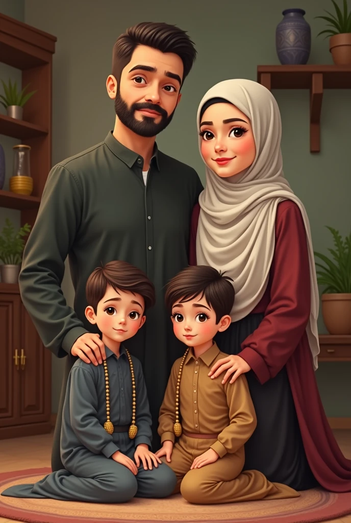 A Muslim family containing one father, one mother, one daughter, then twins daughter and son and then another daughter