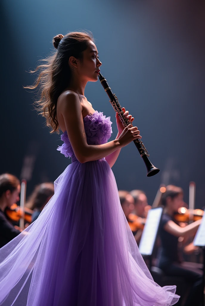 On stage with an orchestra in the background、Standing as a soloist、Playing the oboe、Beautiful Japanese woman 2 photo。Where the wind is blowing loudly。Light purple dress with gradation to navy blue。From a side angle。Eyes facing the audience。A bit backlit。The light seems to be shining around my face and chest.。