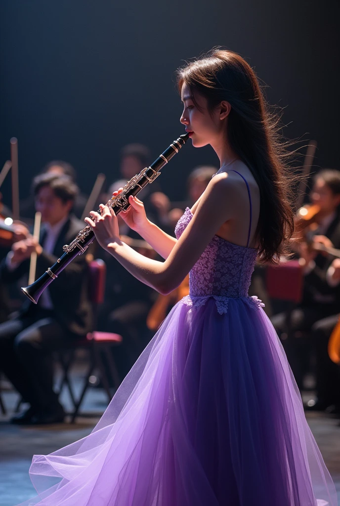 On stage with an orchestra in the background、Standing as a soloist、Playing the oboe、Beautiful Japanese woman 2 photo。Where the wind is blowing loudly。Light purple dress with gradation to navy blue。From a side angle。Eyes facing the audience。A bit backlit。The light seems to be shining around my face and chest.。