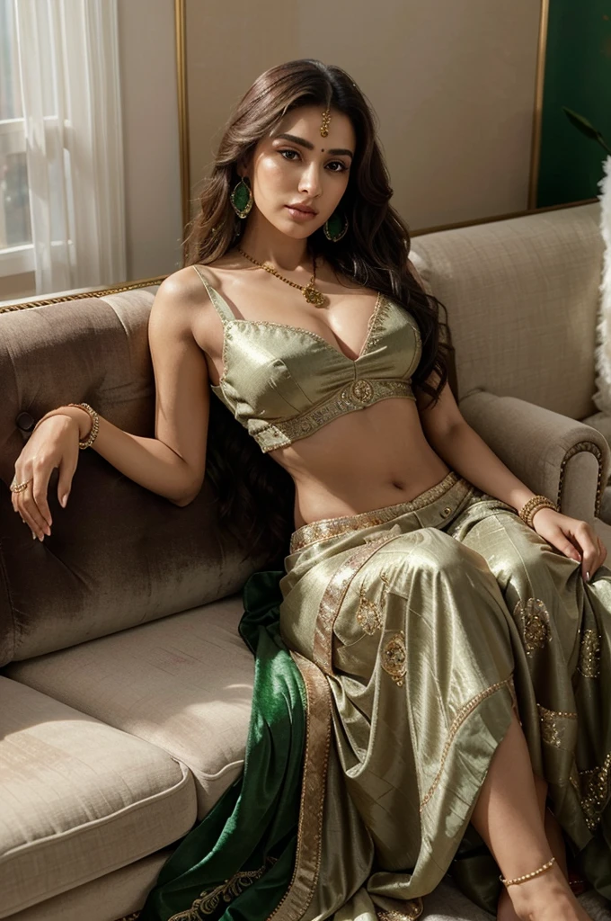 
In the elegantly appointed living room of her US home, the newly married Pakistani Kashmiri woman sits gracefully on a plush, sophisticated sofa, exuding an air of timeless elegance and refined allure. She is dressed in an exquisite three-piece ensemble of deep, opulent emerald green, a color that radiates richness and sophistication. The outfit consists of a beautifully designed saree, a matching blouse, and a coordinating lehenga, each piece meticulously crafted from the finest silk and adorned with intricate embellishments.

The saree, in its rich emerald green hue, features elaborate gold embroidery and delicate beadwork that catch the ambient light, creating a subtle shimmer. The blouse is elegantly designed with ornate lace and sequin detailing, adding a touch of glamour. The lehenga completes the ensemble with its flowing silhouette and intricate border, enhancing the outfit’s luxurious appeal.

Seated on the sumptuous sofa, the saree drapes elegantly around her, its sheer fabric and intricate design highlighting her graceful form. The lehenga’s elaborate detailing flows gently, creating a striking contrast against the soft, rich texture of the sofa.

Her skin glows with a radiant complexion, highlighted by an array of exquisite jewelry. A stunning diamond necklace rests delicately around her neck, its brilliance enhanced by the soft lighting. Complementing the necklace, her matching earrings, bracelet, and rings add a touch of opulence, each piece reflecting her sophisticated taste.

Her hair is styled in elegant, voluminous waves that frame her face with a touch of glamour. Her makeup is flawlessly applied, with a radiant finish and bold red lips that perfectly complement the rich emerald green of her ensemble.

The room’s decor—featuring plush velvet cushions, dark wood accents, and soft, ambient lighting—pro