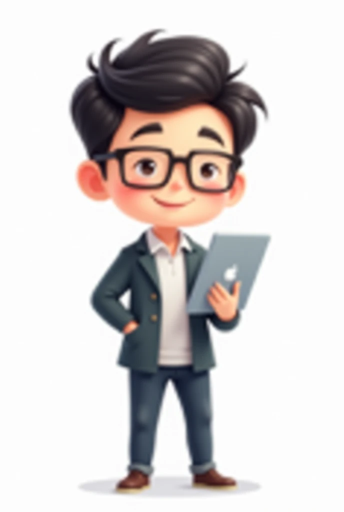 Male teacher, black hair, wearing glasses, holding an iPad with one hand, chibi image, white background