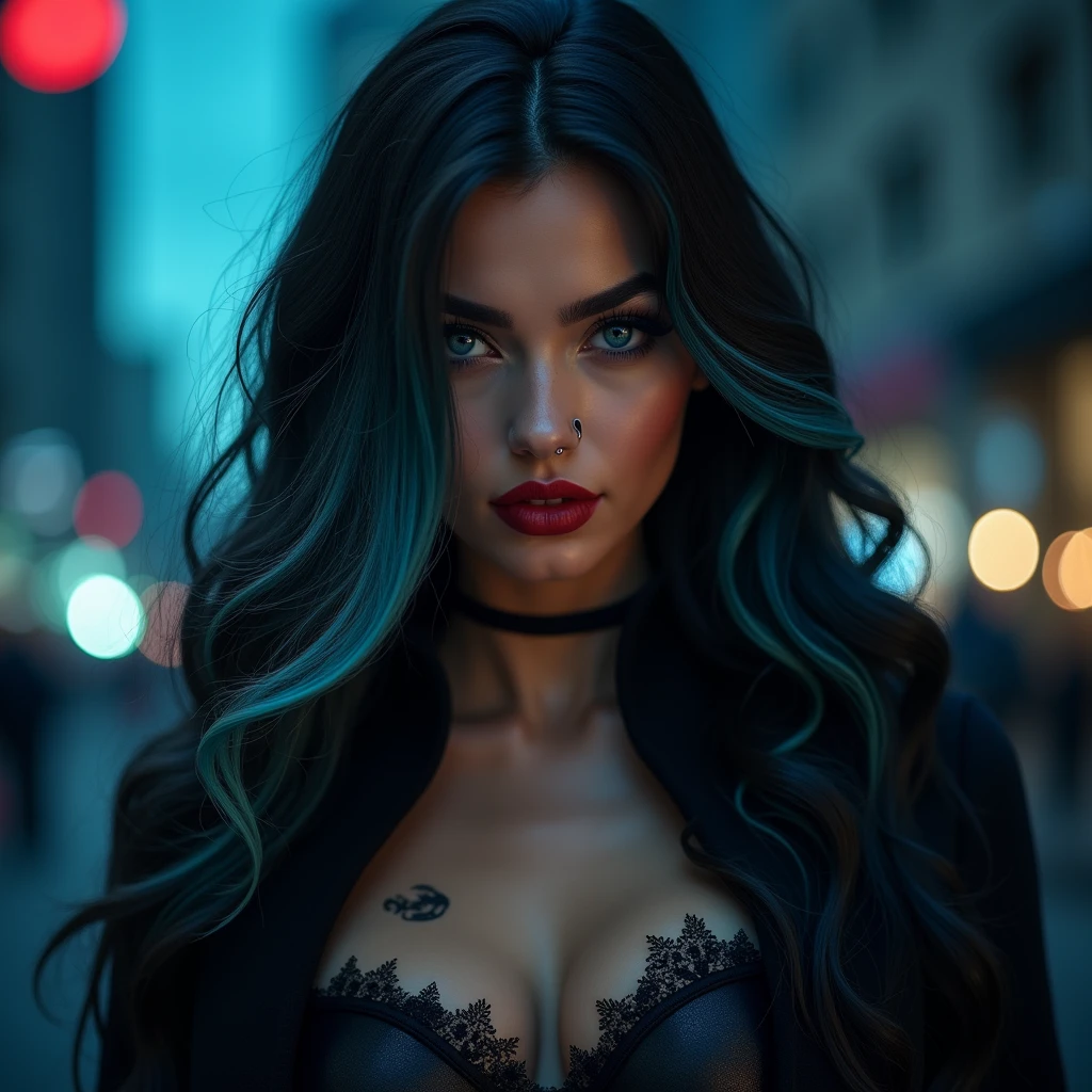 Dressed as a vampire with vampire fangs and a vampire costume coming out at nighttime Caucasian-Hispanic mix women, with deep wave long curls smooth finish black hair with, light blue, teal, and blonde combined together blue eyes, Instagram model, black makeup long lashes, big lips, red lipstick nose pierced 30k
