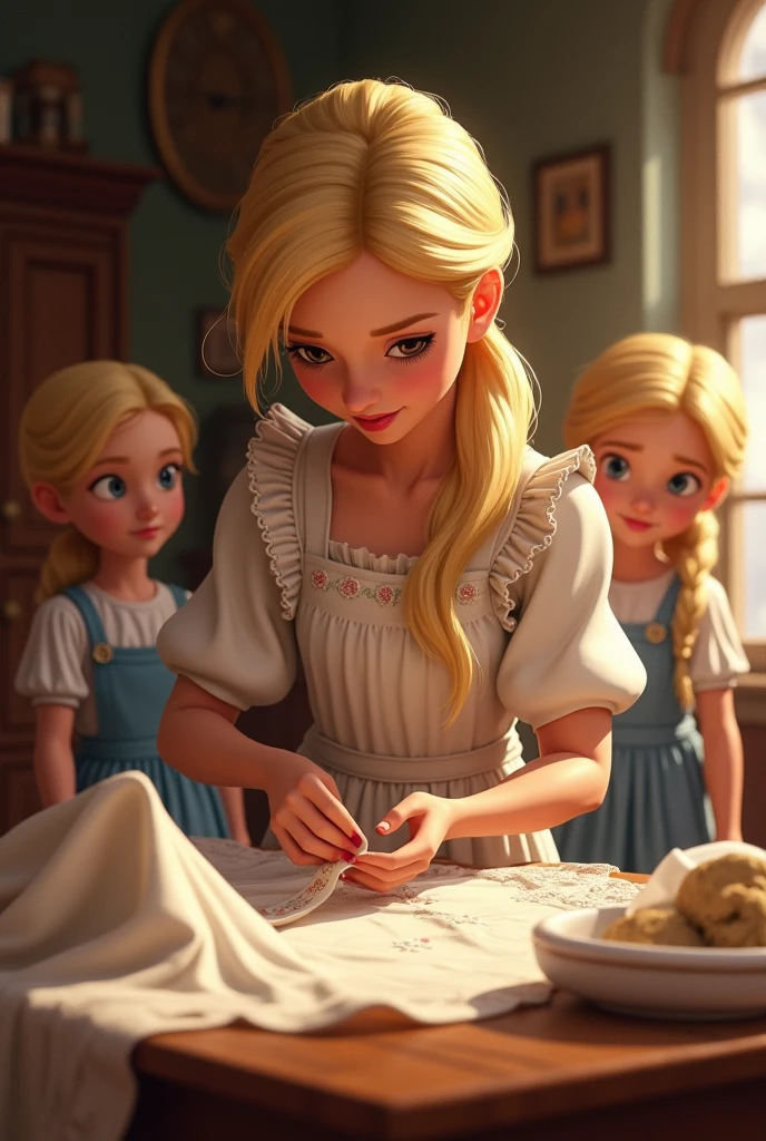 Blonde haired Cinderella with apron, fixing her sisters&#39; dresses that were shrunken , with her sisters by her side 