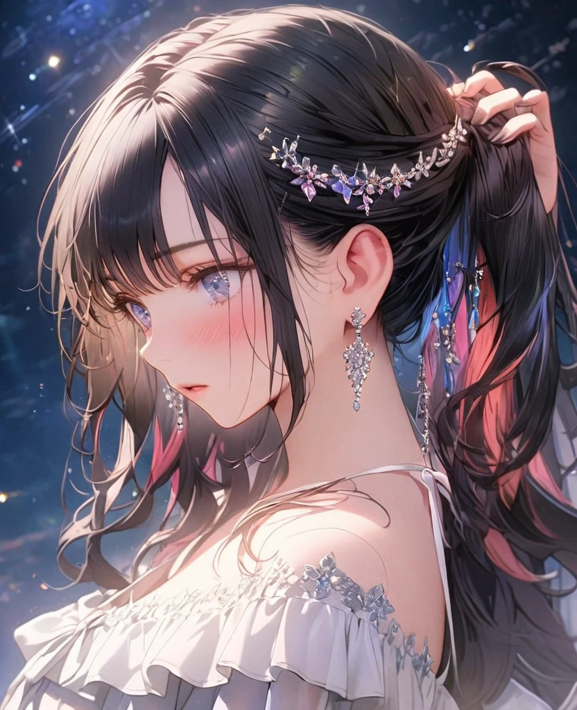 8k,Ephemeral beauty，Very delicate and beautiful,Beautiful and realistic skin,Hair that shines like jewels,Black Hair、Long and colorful hair,Beautiful Eyes,good,Beautiful night sky、Shy、White frilly adult clothing、Do not tie hair
