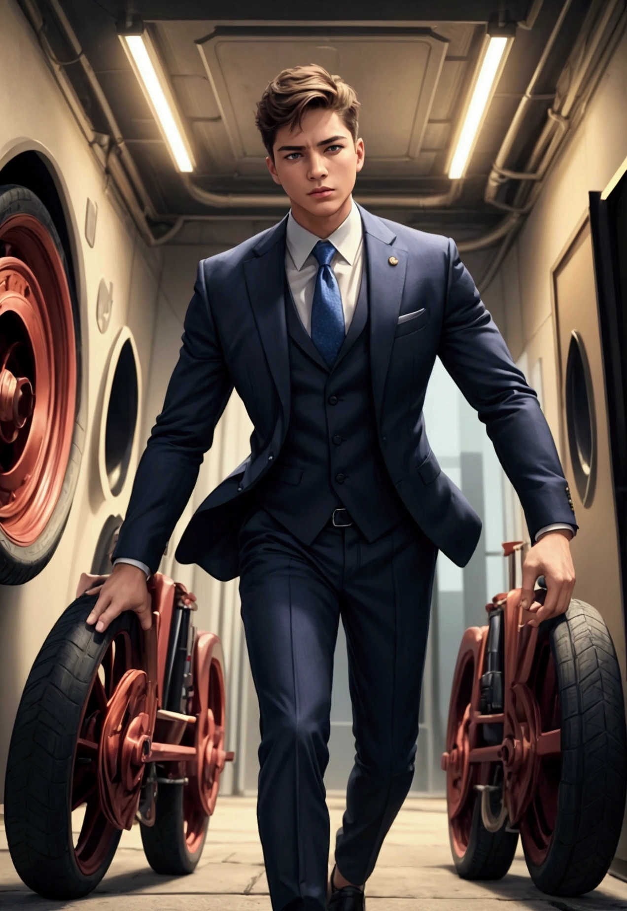 ((1boy)), super fine illustration, vibrant colors, absurdres extremely detailed CG, 8k wallpaper, (masterpiece:1.3), dynamic angle, dynamic pose, best quality, depth of field, cinematic lighting, ultra detailed, front-view, Business suit, The president is rolling the tire, full body, center, looking at viewers, the character is in the center of the frame,