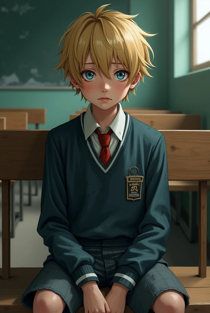 a innocent boy with blond hair and blue eyes of around 16 dirty school uniform sitting in school bench and hv few marks on face with innocent look