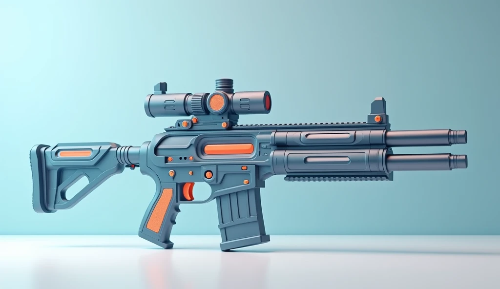 Mini double water gun toy,Integrated rifle mount,Transparent magazine and scope recessed,(Similar structure to M416),(Double muzzle),Smooth lines,Plastic material,Three-color Morandi color matching,high quality,Professional Product Photography,Table background,3d, OC Rendering,8K,