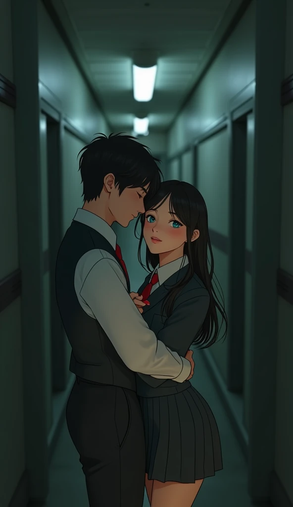 (32K:1.9, Realistic:1.9, Highest quality, masterpiece, Ultra-high resolution), Perfect dynamic composition, Highly detailed skin and facial textures:1.3, Detailed eyes, Detailed limbs, (Cute sexy slim Japanese schoolgirl, expensive、Slim Japanese high school student), Both of them are sitting, Fair skin, ((Clarity:1.1)), (Both men and women wear a blazer-style uniform and a red tie.。), (Boy hugs girl:1.5), (smile:0.9, Totally captivates you:0.9), (beautiful Blue Eyes, beautiful, Clear Eyes:0.8), The woman has long black hair, Sexy Face:0.4, blush:1.1, (beautifulエロティシズムを醸し出す雰囲気:0.8), Professional random camera work, Cinematic Lighting Effects, ((Full Body Shot)), ((Too erotic:0.9)) , romantic, mysterious, Object of admiration, original, dramatic, artistic, Innovative, charm, Heartful, Fancy, Tilt, sense of loss, special, exciting, Extreme, sense of openness, joy, joyの表現, ((若さのcharm, 女性的なcharm))