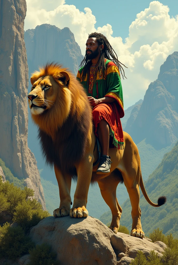 jah rastafari riding a lion on top of the mountains with long dreadlocks and clothes in ethiopia colors