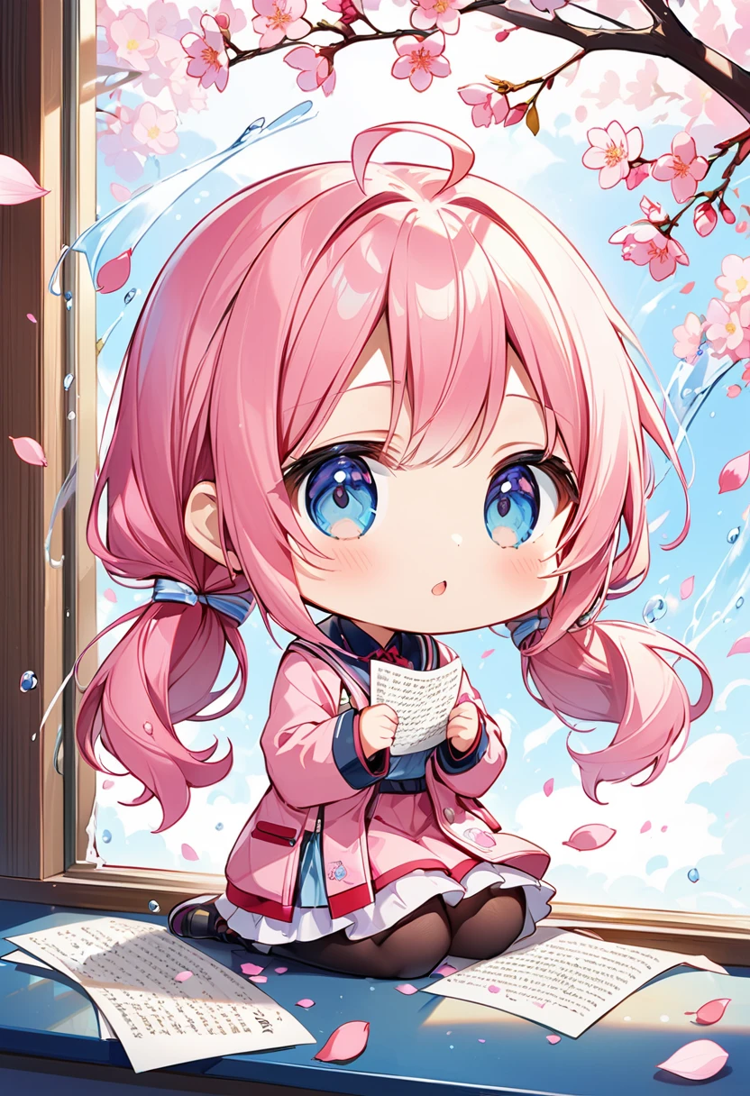 Highest quality、High resolution、Detailed Background、Beautiful face in every detail、Anatomically correct、Detailed facial expressions、fine grain、((full body, from side:1.5, looking away:1.2)), break　((One Girl:1.5)、((Chibi Girl:1.5)))、Bright pretty hair color、big綺麗な青色の瞳、Fuller lips、Pink Lips、Braided twintails、Ahoge、break　((Look at the paper in your hands:1.5、big"15"is written:1.5、Gets watery eyes:1.5))、(Background is an elementary school classroom、Cherry blossom petals come in through the window、spring)
