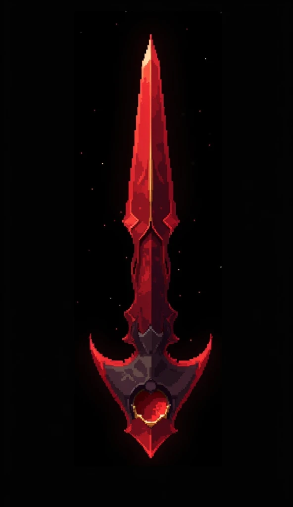 A sword projectile in the style of a clear pixel art, made of solid blood-colored crystal with vessels of black void