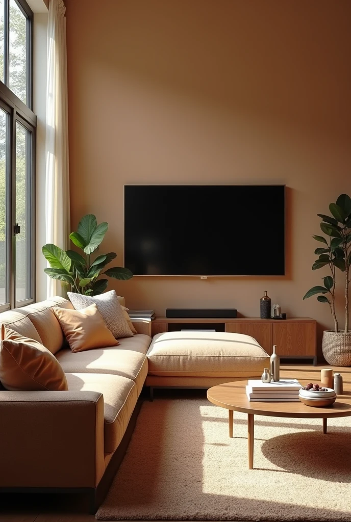 Create a living room with a sofa and a television