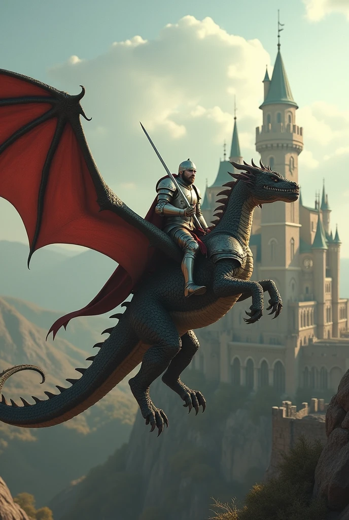 Real image of knight riding dragon with castle