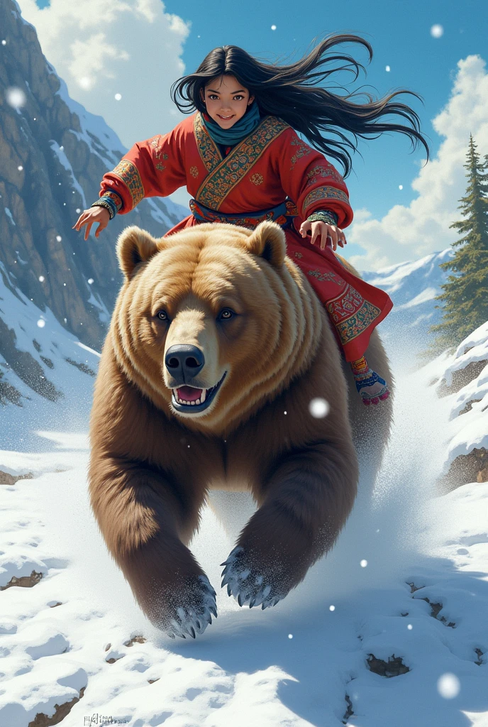 girl\(long black hair, Ainu folk costume, smiling\) sitting on a big brown bear running at great speed through the wilderness\(snowy mountains\) of Hokkaido,dynamic camera angle, powerful composition, concentrated lines, scattered snow,great land scape