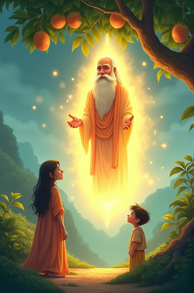 4k cartoon animation image दृश्य 5: साधू का प्रकट होनाPrompt: "A serene, glowing figure of a sage with a long beard and traditional attire, floating above the mango. The sage is smiling gently at the woman and her son, who look amazed and hopeful."