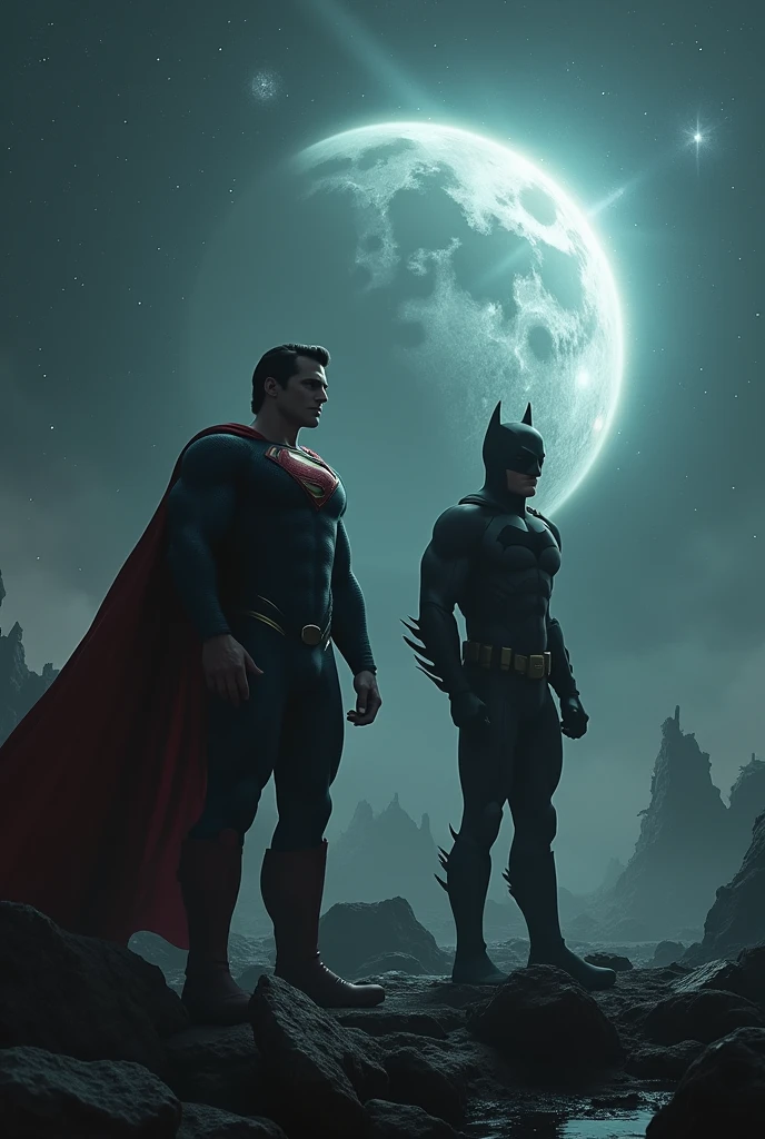 Superman and Batman in a space where the sun went out and planet Earth exploded