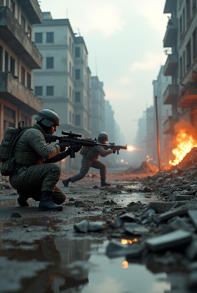 A wide-angle, highly detailed 3D render of a war-torn Ukraine urban style environment in Unreal Engine 5 style, showing a panoramic view of a street battle. Realistic characters in advanced military gear are taking cover behind debris and engaging in a firefight. The scene is set during a heavy rainstorm, with dynamic lighting and shadows across the wide scene. Buildings are partially destroyed, with smoke and fire adding to the atmosphere. High-resolution textures and interactive elements like broken glass, scattered debris, and reflective puddles are visible throughout the wide scene, Ukrainian style, Ukranian soldats