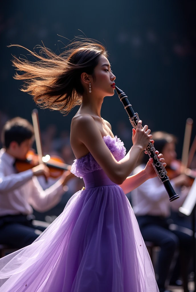On stage with an orchestra in the background、Standing as a soloist、Playing the oboe、Beautiful Japanese woman 2 photo。Where the wind is blowing loudly。Light purple dress with gradation to navy blue。From a side angle。Eyes facing the audience。A bit backlit。The light seems to be shining around my face and chest.。