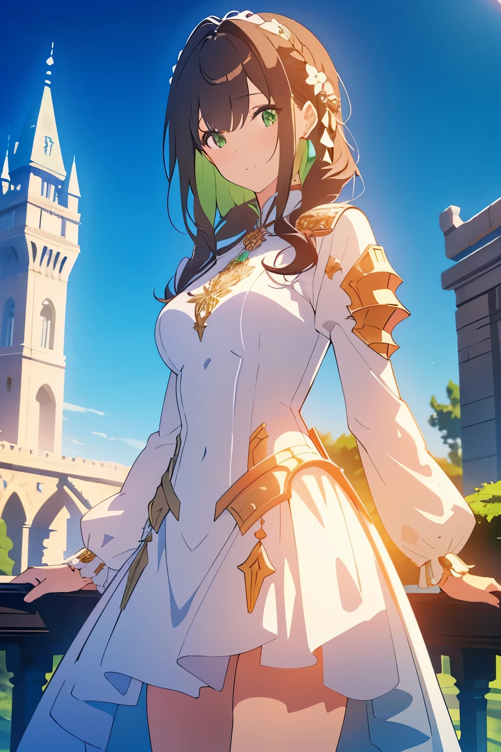 ((masterpiece, Highest quality, High resolution, 超High resolution, Pixel perfect, Written boundary depth, 4K, RTTX 10.0, High resolution))), 1 person, single, alone, Beautiful Anime, Beautiful art style, Anime characters, ((Shortcuts, bangs, Dark brown hair)), ((Green Eyes:1.4, Round eyes, Beautiful eyelashes, current eyes)), ((Smooth texture:0.75, Anime CG style)), ((Dynamic Angle, close)), Perfect body, (cute), Normal chest, whole body, ((4K, 8k, Highest quality, Perfect Fingers: 1.3, Perfect Anatomy: 1.3, Background Blur)), whole bodyアングル, Illustration of a female knight wearing a combination of armor and a dress, The character is dressed in shiny silver armor.、An elegant dress can be seen peeking out from between the gaps in the armor., The armor is intricately decorated、Hair sways softly, The dress is mainly white.、Beautifully decorated with frills and ribbons, She holds the sword、Rin々Standing in a very elegant posture, In the background are majestic castles and battlefields.、Overall, the scene is a fusion of strength and beauty.