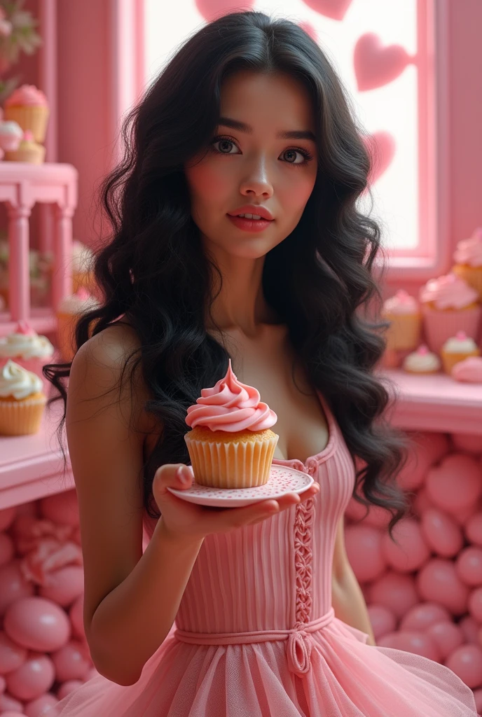    more  ,Long black curly hair ,skin fair,with cupcake in hand, in the sweet world  . 