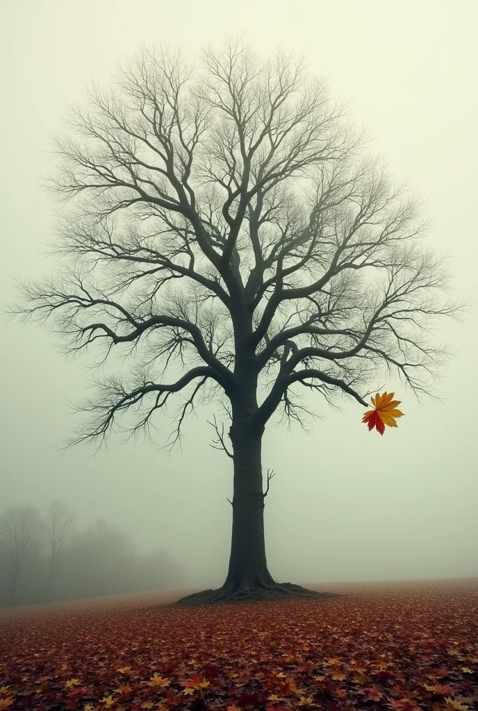 Tree in late autumn. All but one leaf lay on the ground.