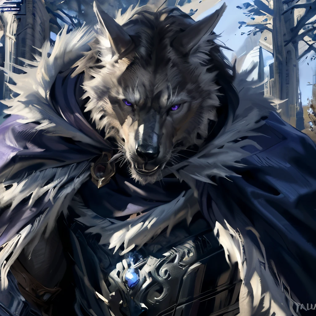 blaidd, in partial shadows, armor, cape. 4k, high resolution, best quality, perfect colors, perfect shadows, perfect lighting, posted on e621, furry body, solo, male, adult, masculine, (very muscular, buff, heavyweight, strong chest:1.3), correct anatomy, (photorealistic fur, detailed fur, epic, masterpiece:1.2), (dark fantasy world background, trees, black sky, night, cold), (by Taran Fiddler, by Chunie, by Traver009, by wfa:1.2), (detailed eyes, purple eyes:1.2), (half body, close-up:1.2), serious face, powerful posture, proud, soft shadows, looking at viewer, messy fur, speaking mouth