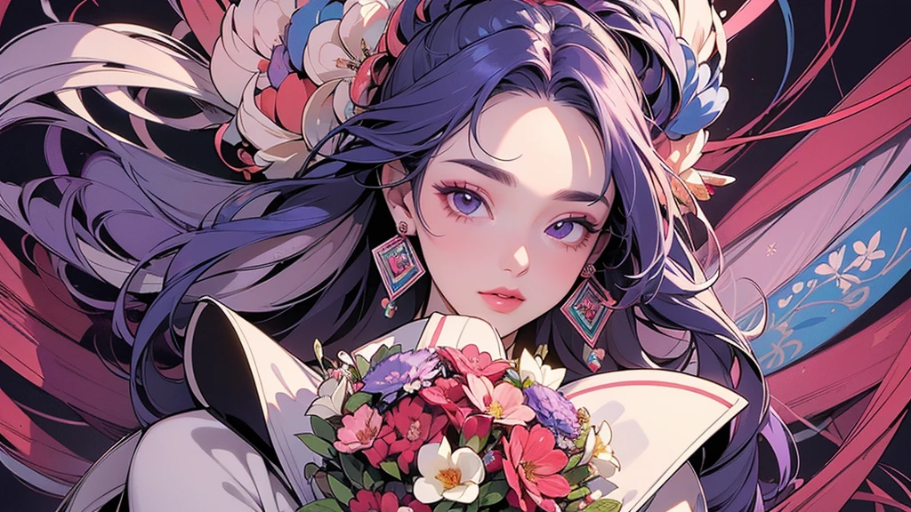 32K, 最高quality, 最高masterpiece, (ultra-Detailed Background, Detailed Background), High resolution, Super detailed, Very detailedな, 1 personの, (bouquet:1.3), (Tangled:1.2), (Geometric:1.2),(colorful),(masterpiece, quality, best quality, Official Art, Beautiful and beautiful:1.2), (1 person:1.3), Very detailed,(colorful:1.1)(Flowers:1.3),Most detailed,(Tangled:1.2), whole body, (Abstract background:1.3), (Skin glows), (Many colors:1.4), ,(Earrings Jewelry:1.5), Purple-red pale background, It's imaginative., Milk tea colored hair,